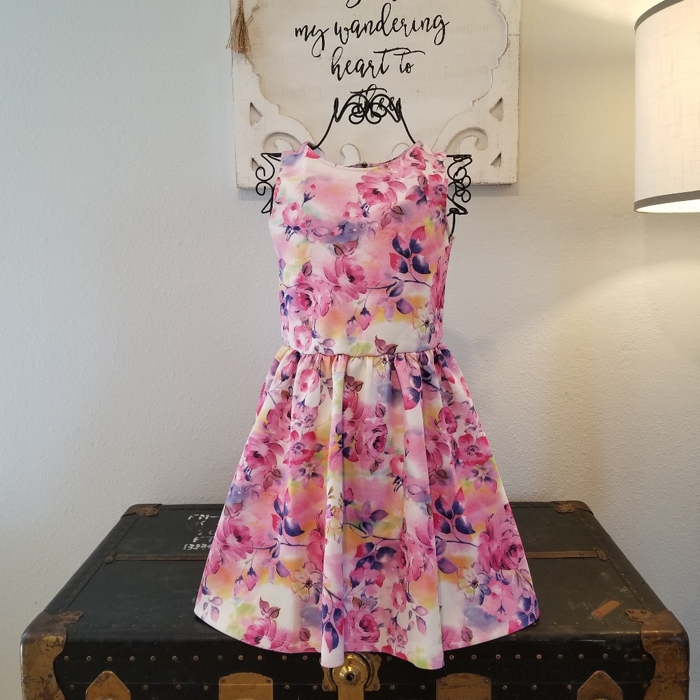 Girls Floral Watercolor, Sleeveless Skater Dress